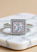 1 Carat Square-Cut Moissanite Ring with Pink Zircon Double Halo in Sterling Silver