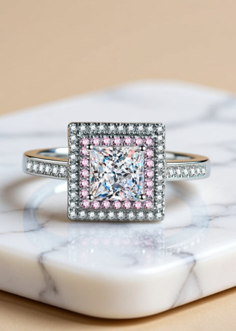 1 Carat Square-Cut Moissanite Ring with Pink Zircon Double Halo in Sterling Silver