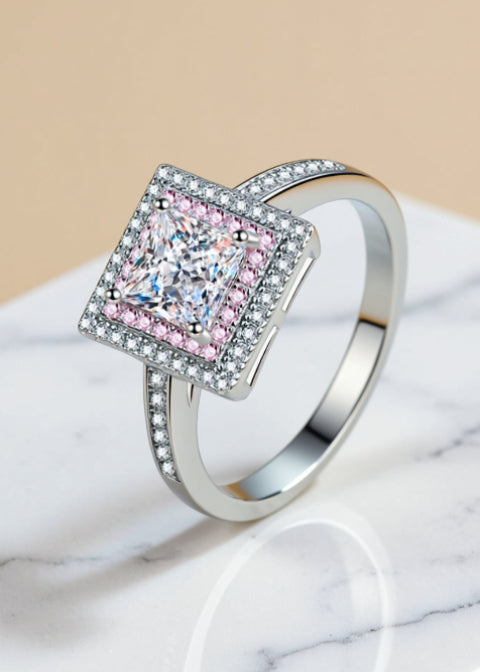 1 Carat Square-Cut Moissanite Ring with Pink Zircon Double Halo in Sterling Silver