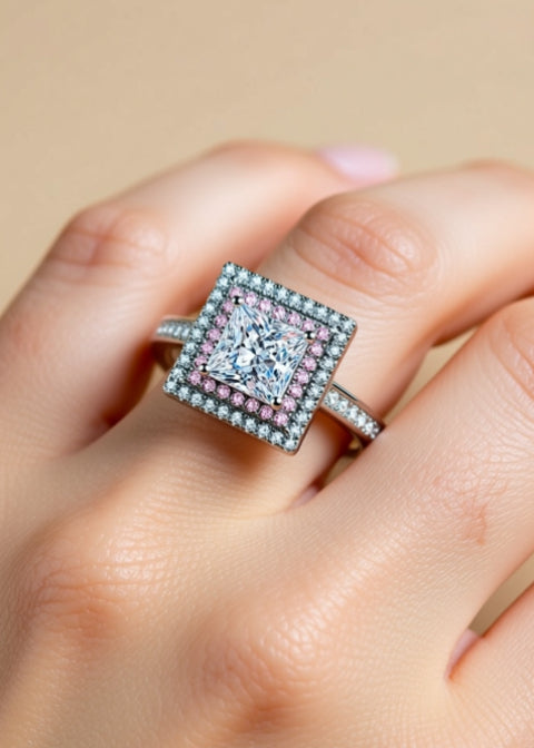 1 Carat Square-Cut Moissanite Ring with Pink Zircon Double Halo in Sterling Silver