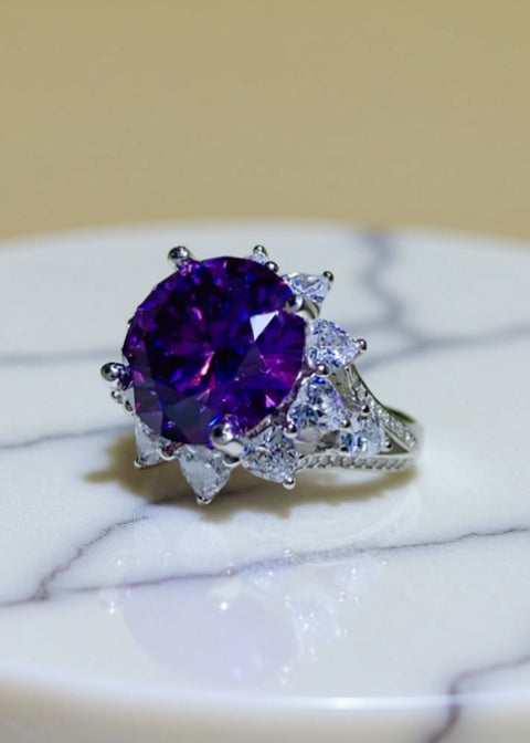 10 Carat Purple Round Moissanite Floral Halo Ring in .925 Sterling Silver