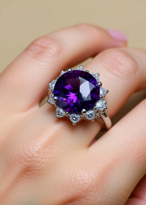 10 Carat Purple Round Moissanite Floral Halo Ring in .925 Sterling Silver