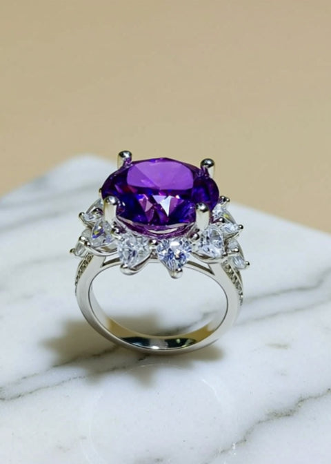 10 Carat Purple Round Moissanite Floral Halo Ring in .925 Sterling Silver
