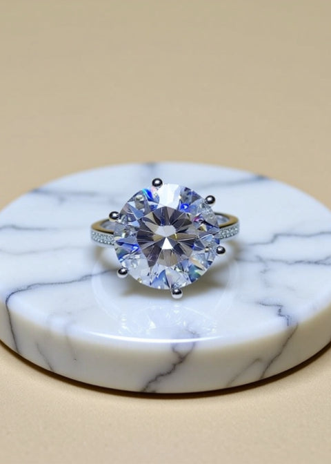 10 Carat Round Moissanite Statement Ring in Platinum-Plated .925 Sterling Silver