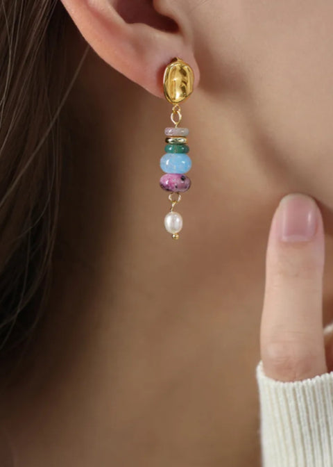 Colorful Natural Agate and Freshwater Pearl Drop Earrings, 18K Gold-Plated