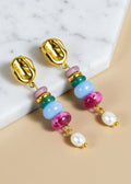 Colorful Natural Agate and Freshwater Pearl Drop Earrings, 18K Gold-Plated
