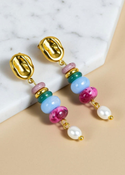 Colorful Natural Agate and Freshwater Pearl Drop Earrings, 18K Gold-Plated