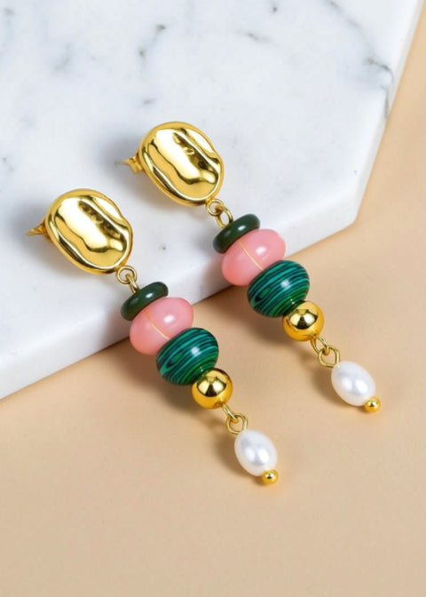 Colorful Natural Agate and Freshwater Pearl Drop Earrings, 18K Gold-Plated