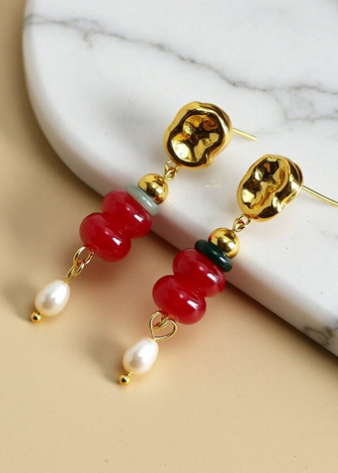 Colorful Natural Agate and Freshwater Pearl Drop Earrings, 18K Gold-Plated
