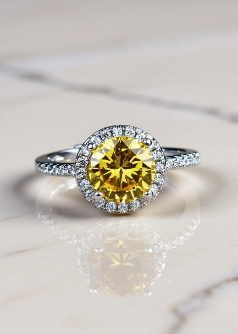 1 Carat Yellow Moissanite Halo Ring in .925 Sterling Silver