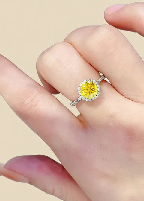 1 Carat Yellow Moissanite Halo Ring in .925 Sterling Silver