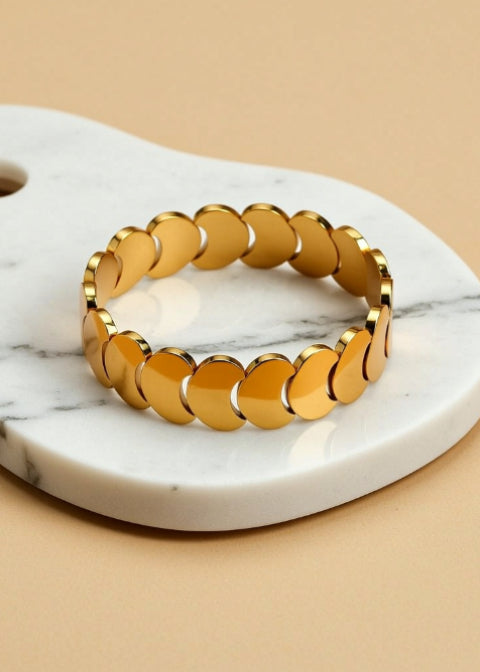 Gold-Plated Disc Link Stretch Bracelet in Titanium Steel