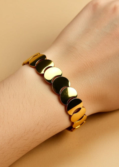 Gold-Plated Disc Link Stretch Bracelet in Titanium Steel