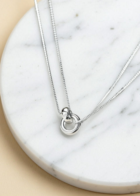 .925 Sterling Silver Double Chain Necklace with Interlocking Circle Pendant, 16–18 Inches
