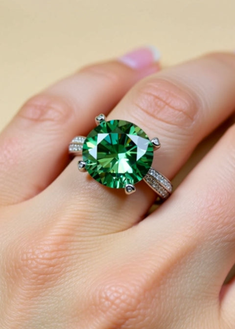5 Carat Round Green Moissanite Statement Ring in Platinum-Plated Sterling Silver
