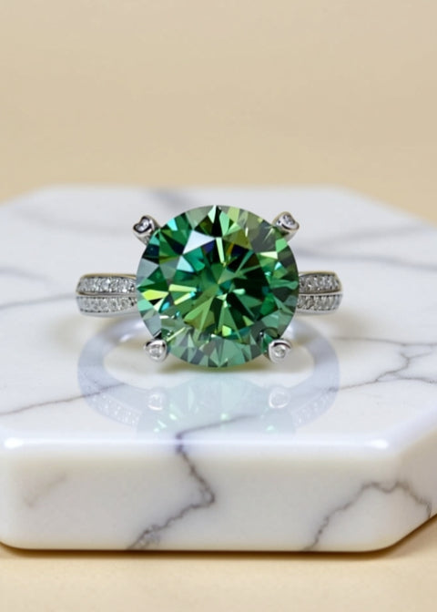 5 Carat Round Green Moissanite Statement Ring in Platinum-Plated Sterling Silver