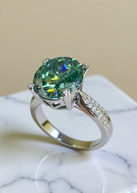 5 Carat Round Green Moissanite Statement Ring in Platinum-Plated Sterling Silver