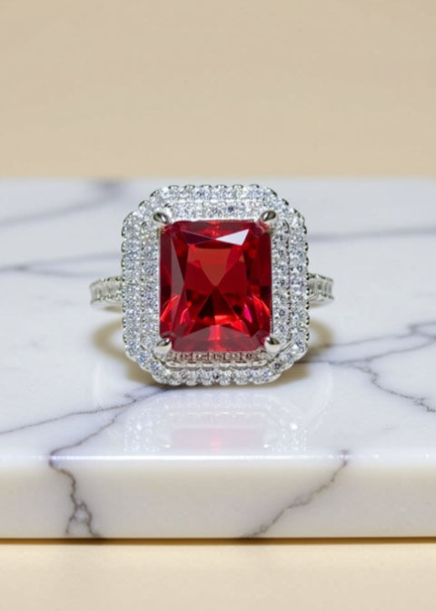 2 Carat Red Emerald-Cut Moissanite Double Halo Ring in Platinum-Plated 925 Sterling Silver