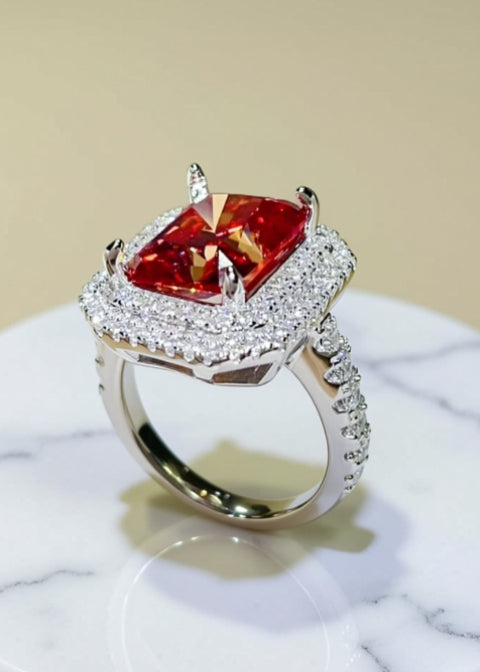 2 Carat Red Emerald-Cut Moissanite Double Halo Ring in Platinum-Plated 925 Sterling Silver