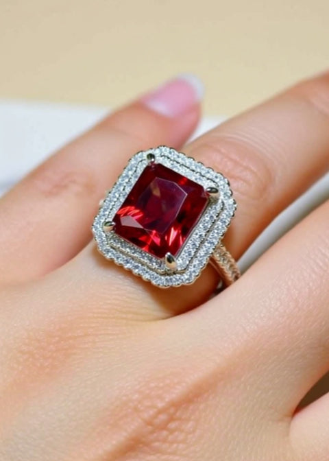 2 Carat Red Emerald-Cut Moissanite Double Halo Ring in Platinum-Plated 925 Sterling Silver
