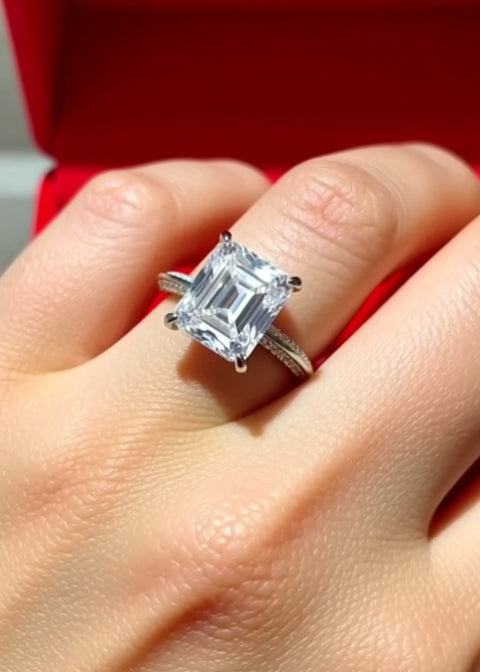 5 Carat Emerald-Cut Moissanite Solitaire Ring in Platinum-Plated .925 Sterling Silver