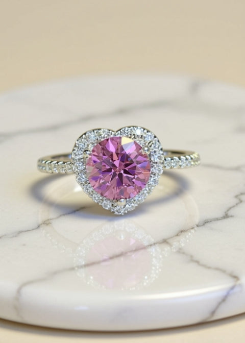 1 Carat Pink Heart-Cut Moissanite Halo Ring in Platinum-Plated 925 Sterling Silver