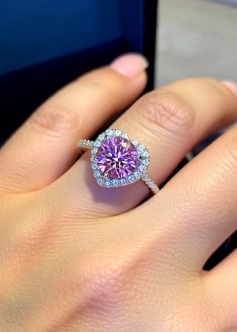 1 Carat Pink Heart-Cut Moissanite Halo Ring in Platinum-Plated 925 Sterling Silver