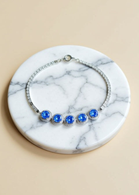 5 Carat Blue Moissanite Five-Stone Adjustable Bracelet in Platinum-Plated .925 Sterling Silver