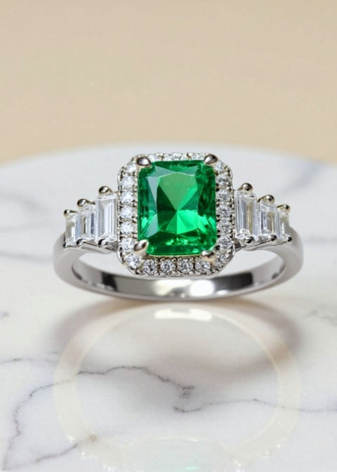 2 Carat Green Emerald-Cut Moissanite Halo Ring in Platinum-Plated .925 Sterling Silver