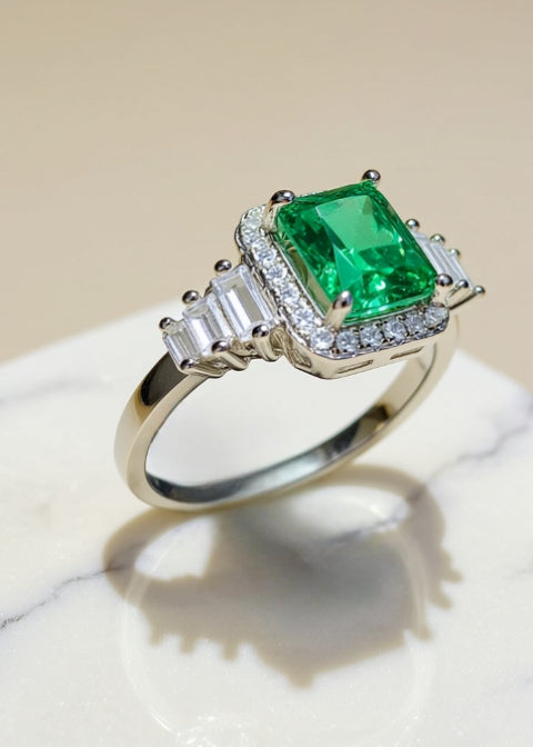 2 Carat Green Emerald-Cut Moissanite Halo Ring in Platinum-Plated .925 Sterling Silver