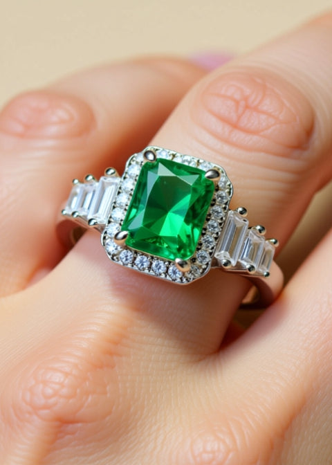2 Carat Green Emerald-Cut Moissanite Halo Ring in Platinum-Plated .925 Sterling Silver