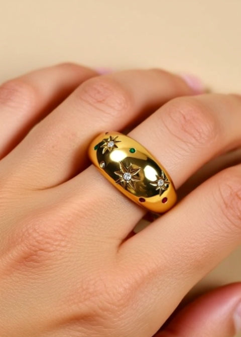 18K Gold-Plated Celestial Starburst Ring with Colorful Zircon Accents