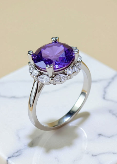 5 Carat Violet Moissanite Floral Halo Ring in Platinum-Plated .925 Sterling Silver
