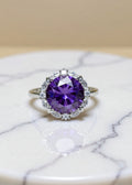 5 Carat Violet Moissanite Floral Halo Ring in Platinum-Plated .925 Sterling Silver