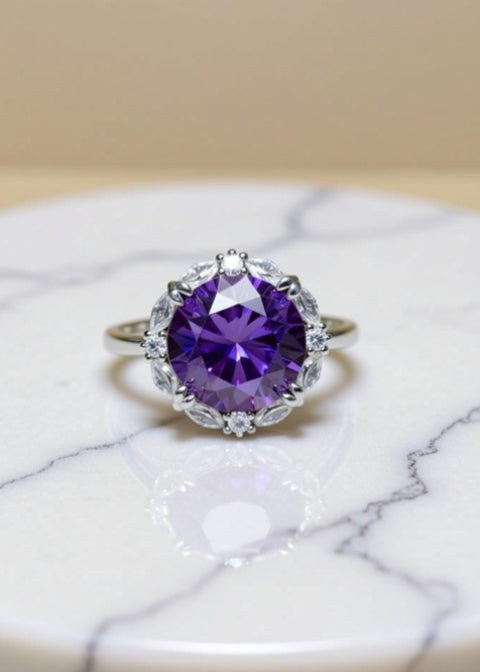 5 Carat Violet Moissanite Floral Halo Ring in Platinum-Plated .925 Sterling Silver