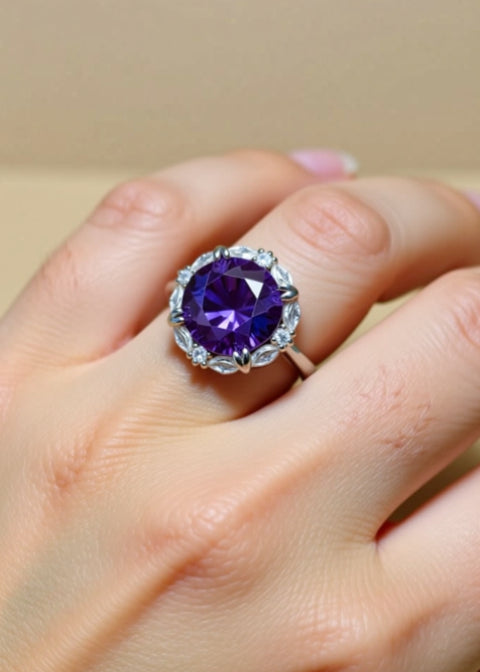 5 Carat Violet Moissanite Floral Halo Ring in Platinum-Plated .925 Sterling Silver