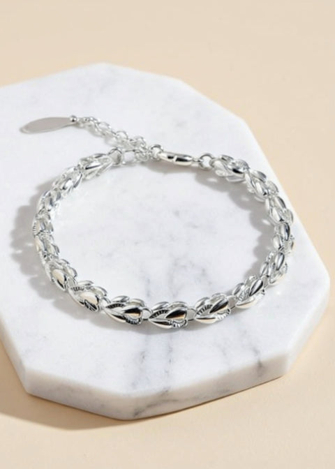 .925 Sterling Silver Leaf Link Bracelet with Adjustable Extension Chain