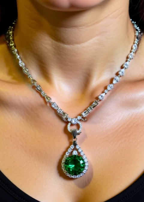 10 Carat Green Moissanite Halo Pendant Necklace in 925 Sterling Silver, 20.5 Inch