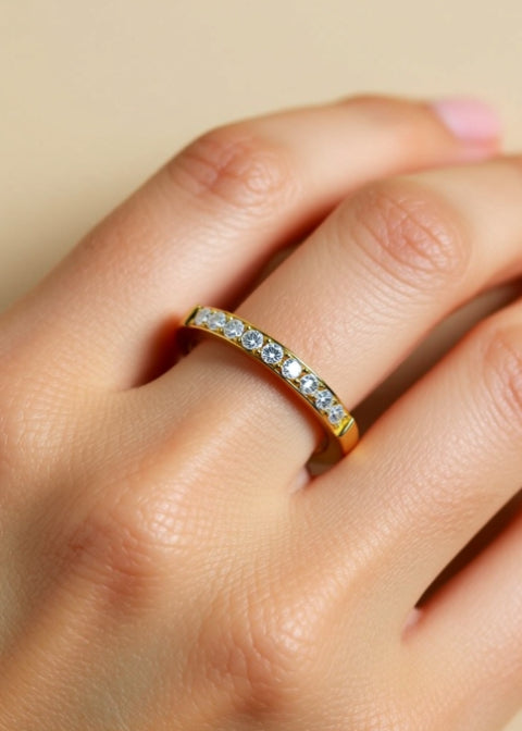 18K Gold-Plated Zircon Half-Eternity Band Ring in Titanium Steel