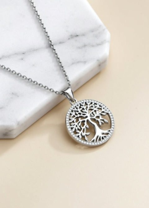 Tree of Life Moissanite Pendant Necklace in Platinum-Plated .925 Sterling Silver, 18–20 Inch