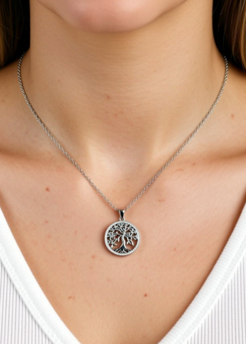 Tree of Life Moissanite Pendant Necklace in Platinum-Plated .925 Sterling Silver, 18–20 Inch