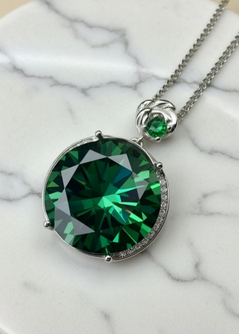 20 Carat Green Round-Cut Moissanite Pendant Necklace in .925 Sterling Silver, 18 Inch