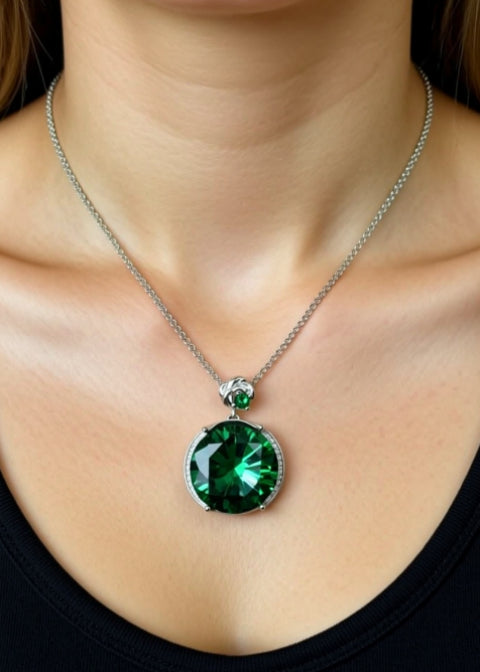 20 Carat Green Round-Cut Moissanite Pendant Necklace in .925 Sterling Silver, 18 Inch