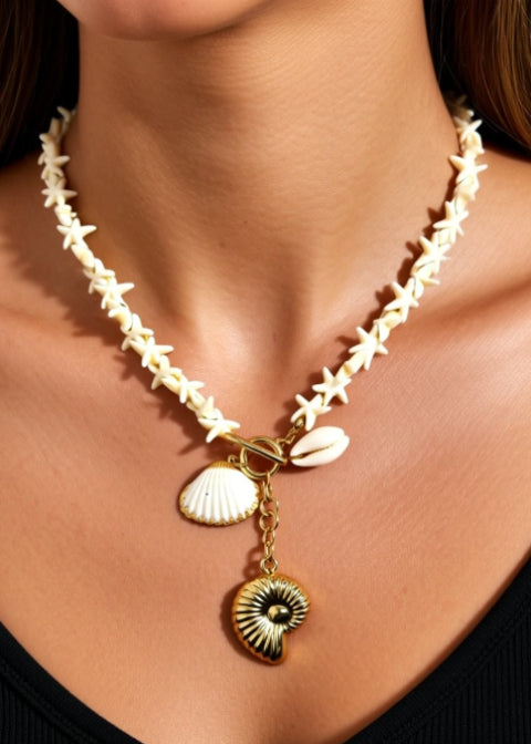 Shell Starfish Charm Necklace with 18K Gold-Plated Stainless Steel, Adjustable 16–18 Inch
