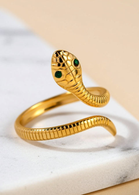 18K Gold-Plated Adjustable Snake Wrap Ring with Green Rhinestone Eyes, Size 7