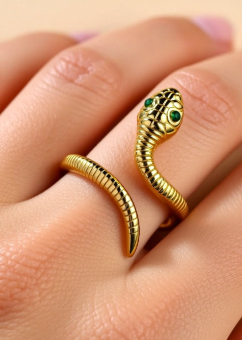 18K Gold-Plated Adjustable Snake Wrap Ring with Green Rhinestone Eyes, Size 7