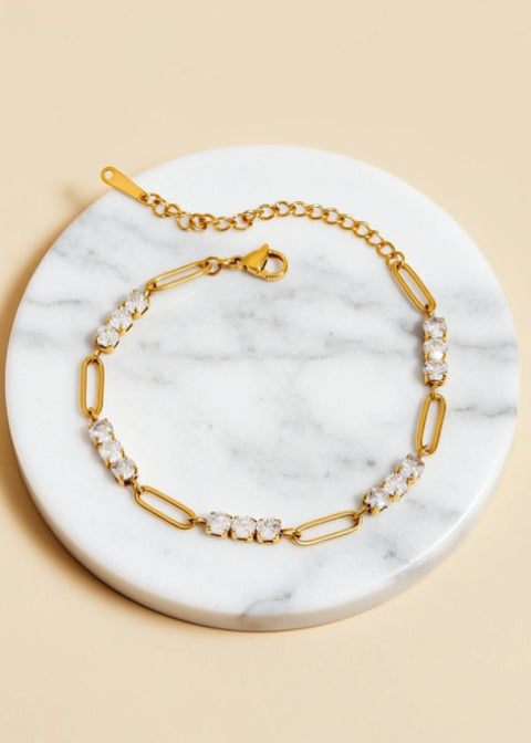 18K Gold-Plated Rhinestone Mixed-Link Bracelet in Stainless Steel, Adjustable 6–8 Inch