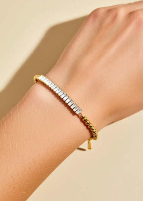 18K Gold-Plated Rhinestone Mixed-Link Bracelet in Stainless Steel, Adjustable 6–8 Inch