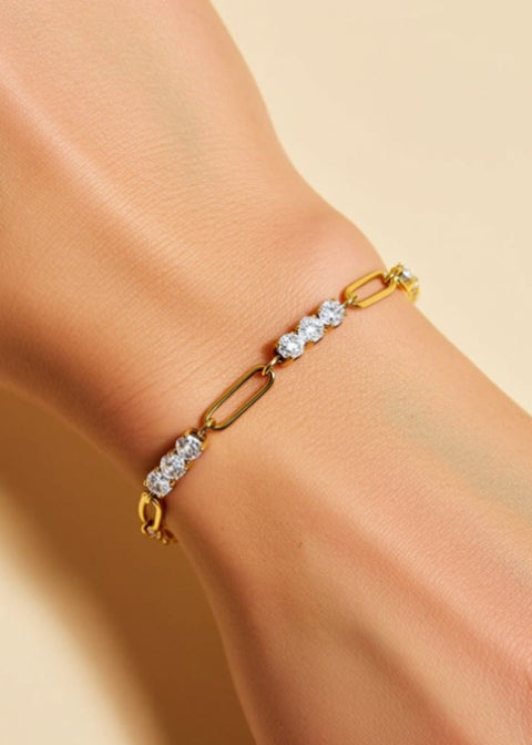 18K Gold-Plated Rhinestone Mixed-Link Bracelet in Stainless Steel, Adjustable 6–8 Inch