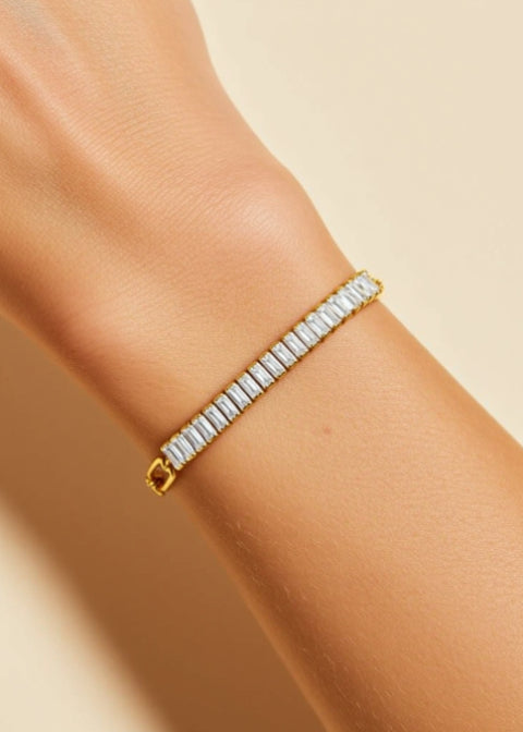 18K Gold-Plated Rhinestone Mixed-Link Bracelet in Stainless Steel, Adjustable 6–8 Inch